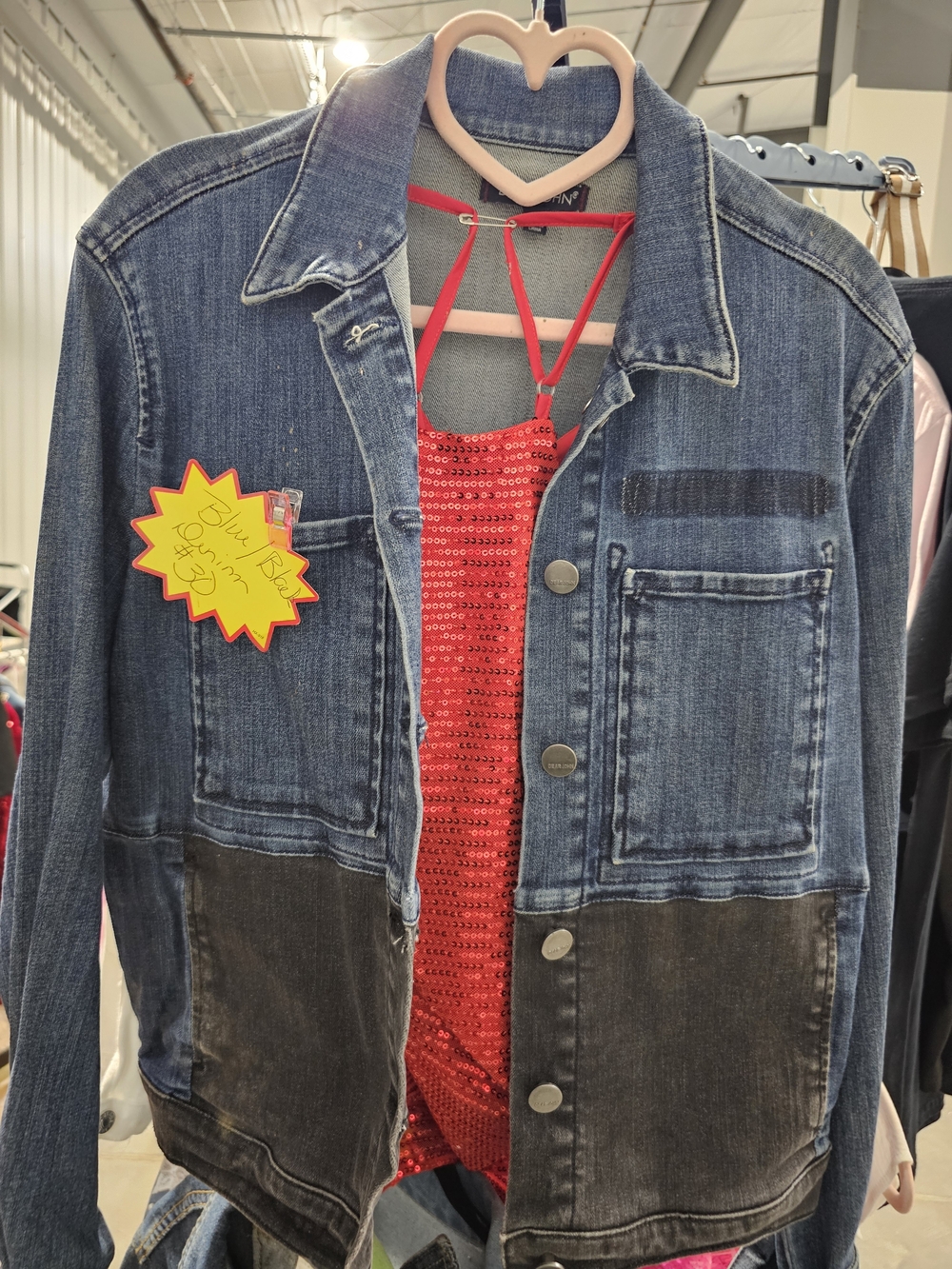 Dear John Two-Tone Blue and Black Denim Jacket with Red Sequin Cami